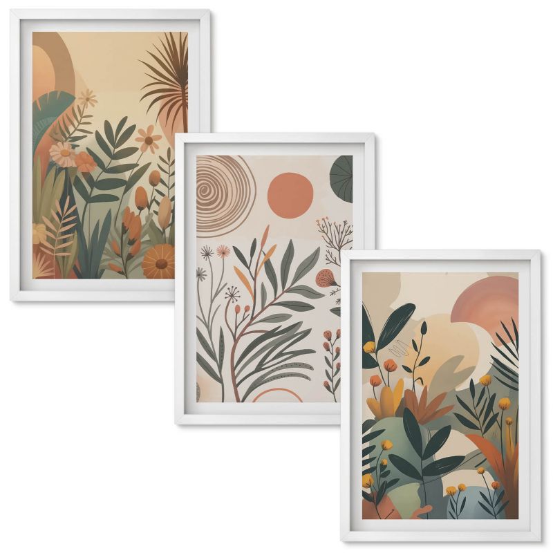 Obrazy do Salonu Wallfluent Roślinne motywy stonowane kolory Biała rama 40x60 cm 3 szt.