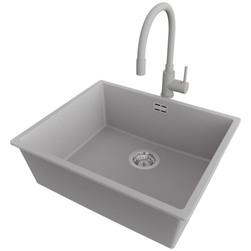 Zlewozmywak Granitowy Londyn Slim PRIMAGRAN Nablatowy 56x47cm do Szafki od 60cm, Szary + Bateria 38x14cm + Syfon, S327, 1 szt.