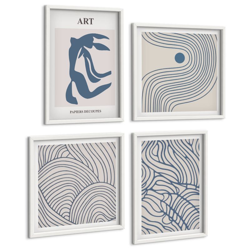Czteroczęściowy Zestaw Obrazów ArtPrintCave (2x50x50+2x40x60cm) Biała rama Abstrakcyjne linie niebieskie 1 kpl.