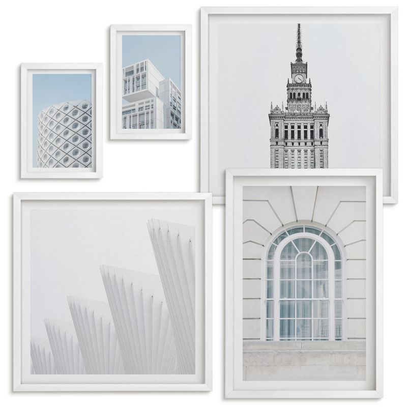 Galeria Obrazów Na Ścianę Wallfluent Nowoczesna architektura geometria Biała rama 5 szt.