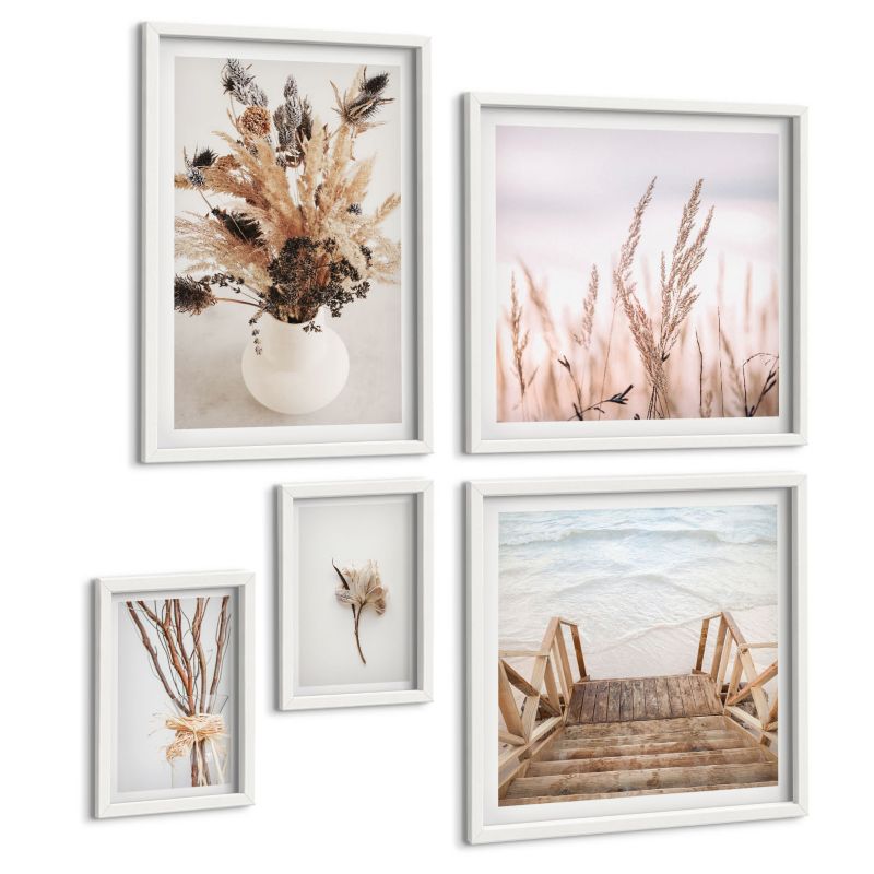 Komplet 5 Obrazów ArtPrintCave (2x50x50+2x20x30+40x60cm) Biała rama Kwiaty gałęzie minimalizm natura 1 kpl.