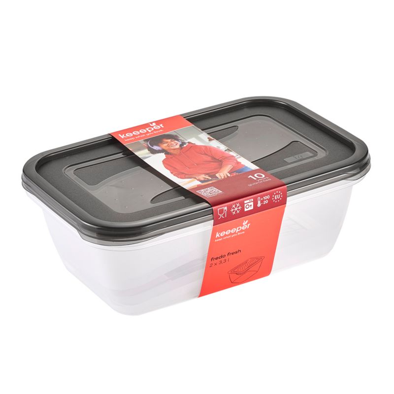 Zestaw 2 pojemników na żywność Keeeper Fredo Fresh 3.3 l, Prostokątne pudełka PP do lodówki i zamrażarki, szare, 2 szt.