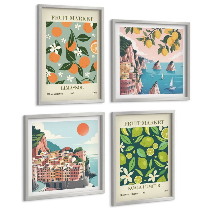 Czteroczęściowy Zestaw Obrazów ArtPrintCave (2x50x50+2x40x60cm) Srebrna rama Owocowe wzory vintage postery 1 kpl.