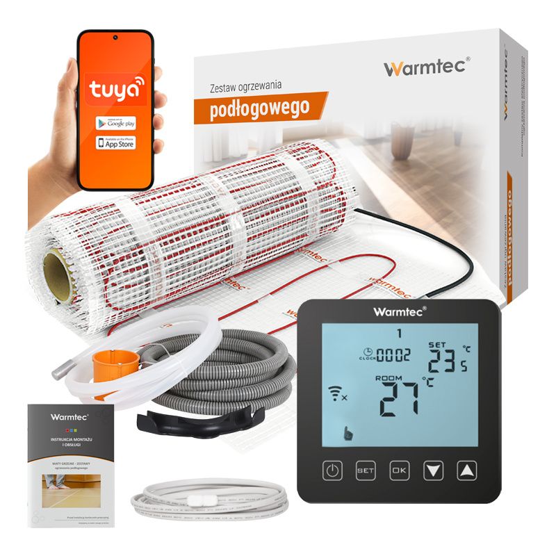 Mata grzewcza grzejna pod płytki Warmtec 1,5m² 170W/m² WiFi zestaw czarny regulator DS2-15/PRT-01 1 szt.