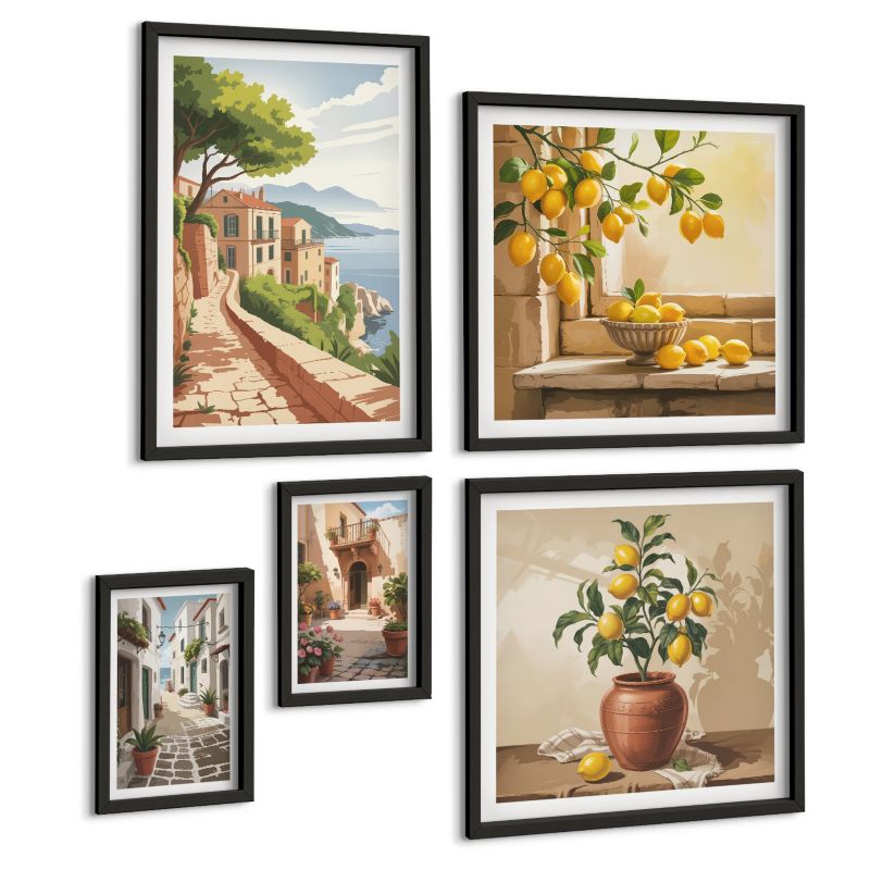 Zestaw 5 Obrazów ArtPrintCave (2x50x50+2x20x30+40x60cm) Czarna rama Górskie jezioro łódź domki 1 kpl.