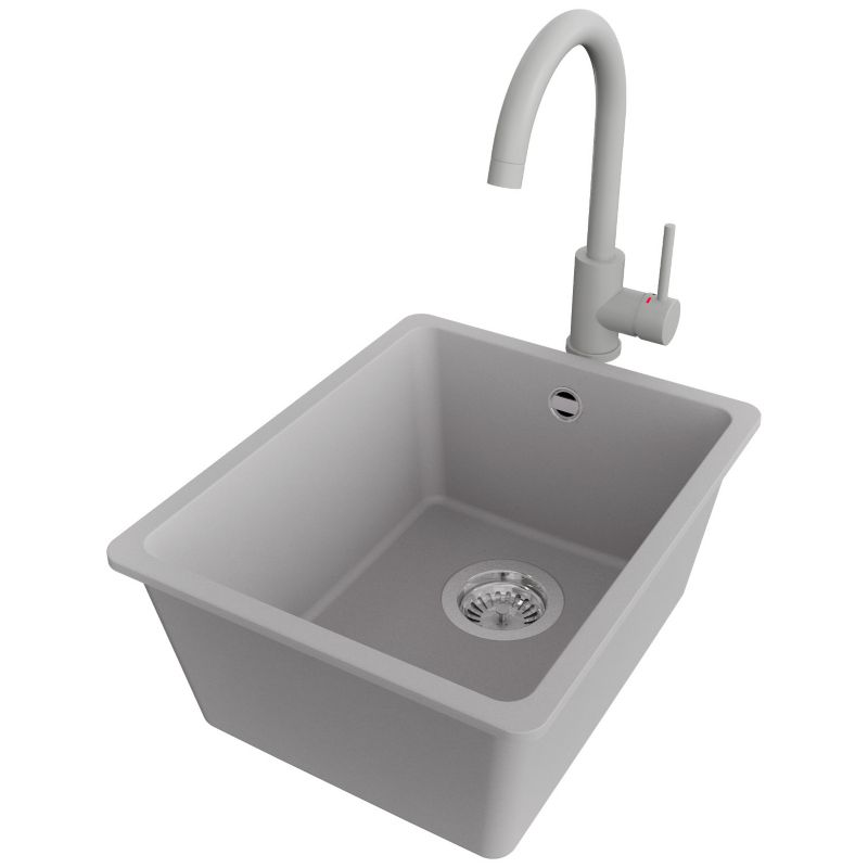 Zlewozmywak Granitowy Wenecja Easy Slim PRIMAGRAN Nablatowy 36x44cm do Szafki od 40cm, Szary + Bateria + Syfon, S013, 1 szt.