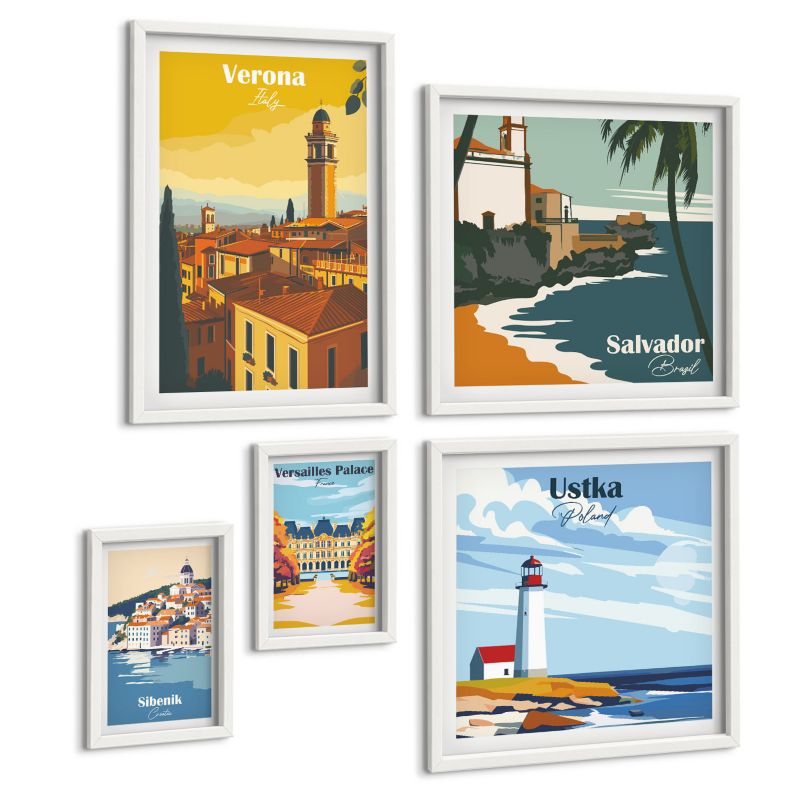 Pięcioczęściowy Zestaw Obrazów ArtPrintCave (2x50x50+2x20x30+40x60cm) Biała rama Miasta Europy kolorowe ilustracje 1 kpl.