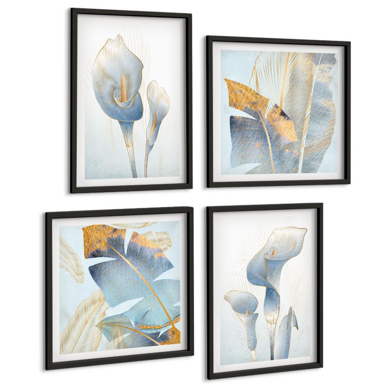 Zestaw 4 Obrazów ArtPrintCave (2x50x50+2x40x60cm) Czarna rama Błękitne kwiaty na tle 1 kpl.