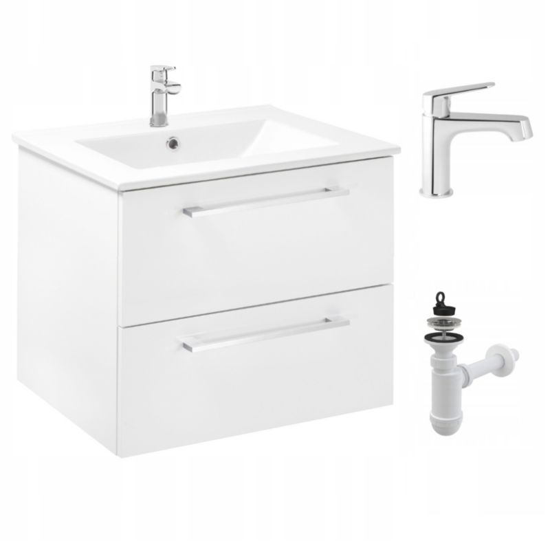 Szafka Łazienkowa Stamar z Umywalką 600 x 470 mm Biała Połysk Szuflady Bateria Wysoka 1 szt