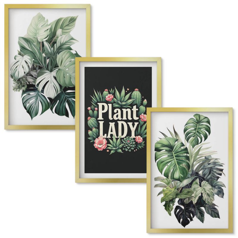 Obrazy Do Sypialni Wallfluent Rośliny tropikalne Plant Lady Złota rama 40x60 cm 3 szt.