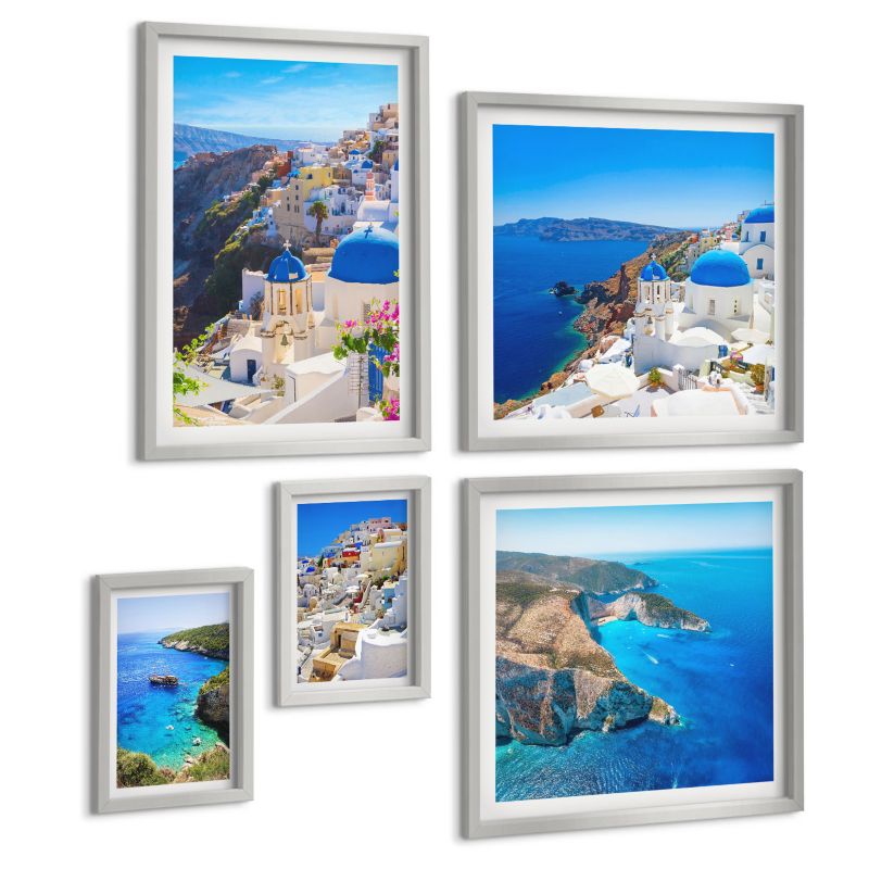 Pięcioczęściowy Zestaw Obrazów ArtPrintCave (2x50x50+2x20x30+40x60cm) Srebrna rama Krajobraz architektury Santorini 1 kpl.