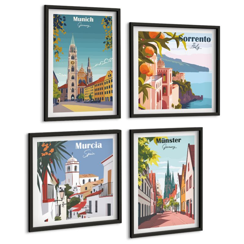 Czteroczęściowy Zestaw Obrazów ArtPrintCave (2x50x50+2x40x60cm) Czarna rama Miasta Europy kolorowe ilustracje 1 kpl.
