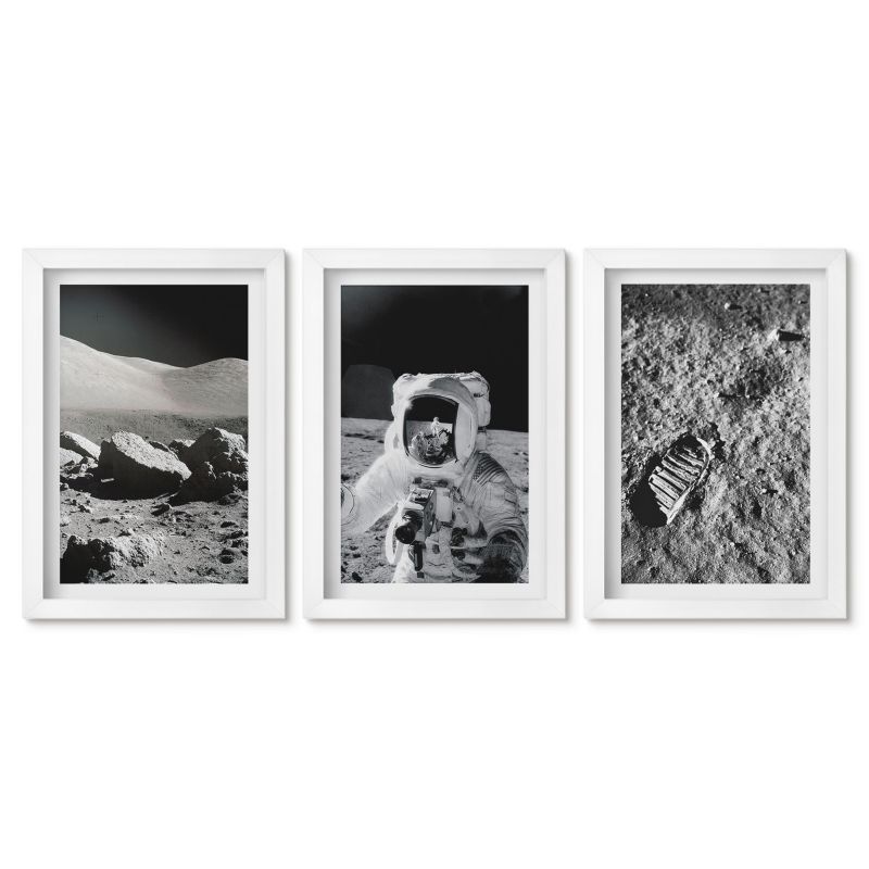 Zestaw 3 obrazów w białych ramach Tulup 20x30 cm NASA zdjęcia księżyc astronauta Małe obrazy do kuchni w ramie 1 kpl