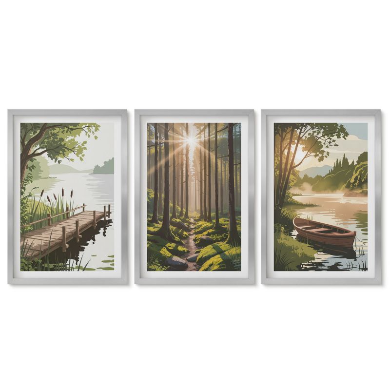 Zestaw 3 obrazów pionowych Tulup 40x60 cm Krajobraz lasu jeziora łódka Obrazy nad biurko zestaw srebrna rama 1 kpl