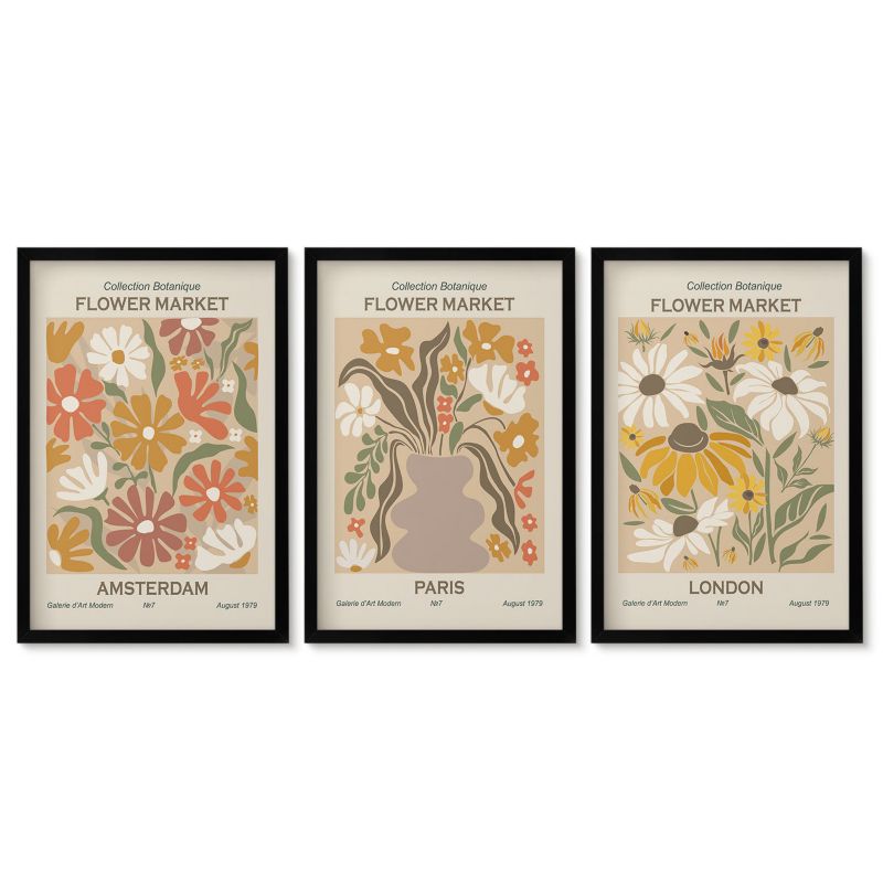 Komplet obrazów czarna rama Tulup 40x60 cm Kwiatowe wzory Amsterdam Paryż Londyn Tryptyk 1 kpl