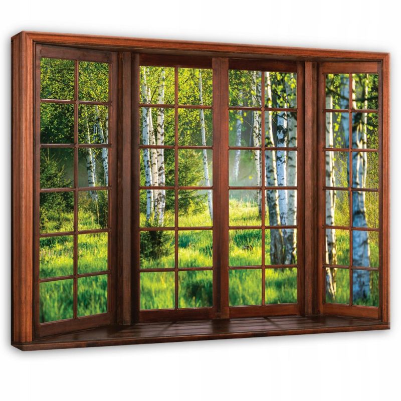 Obraz WALLARENA Do Sypialni Salonu Na Płótnie Okno 3D Brzozowy Las Zielony 60x40 cm PP14207O4 1 szt.