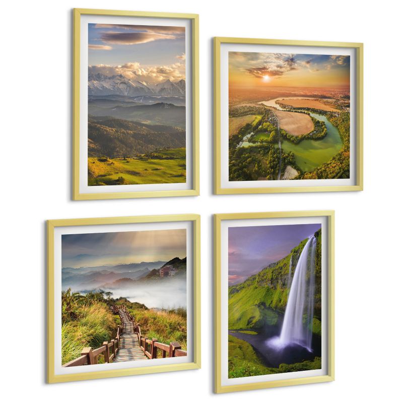 Zestaw Obrazów 4 Częściowy ArtPrintCave (2x50x50+2x40x60cm) Złota rama Widoki gór rzeki wodospadów 1 kpl.