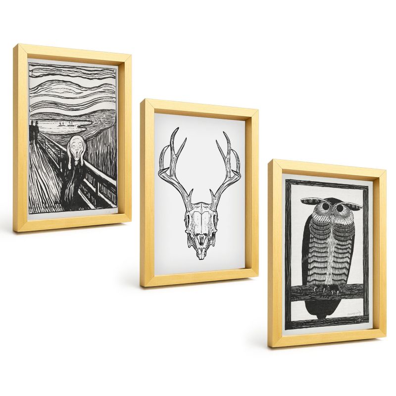 Zestaw Obrazów 3 Częściowy ArtPrintCave Złote Ramki 20x30 cm Dekoracja do Sypialni Krzyk czaszka sowa grafika 1 kpl.