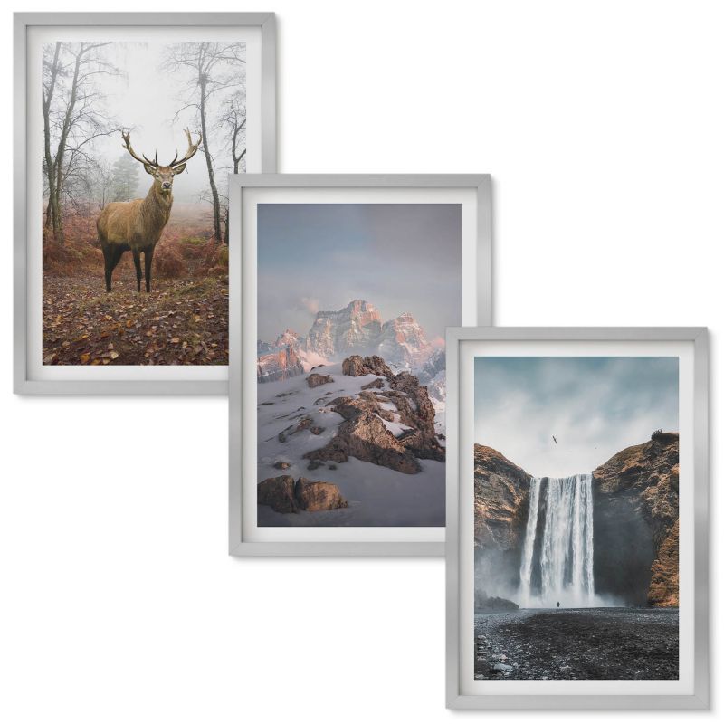 Obrazy do Salonu Wallfluent Dzikie krajobrazy górskie Srebrna rama 40x60 cm 3 szt.