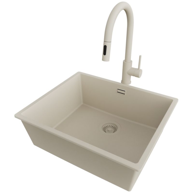 Zlewozmywak Granitowy Londyn Slim PRIMAGRAN Nablatowy 56x47cm do Szafki od 60cm, Cały Beżowy + Bateria + Syfon, S322, 1 szt.