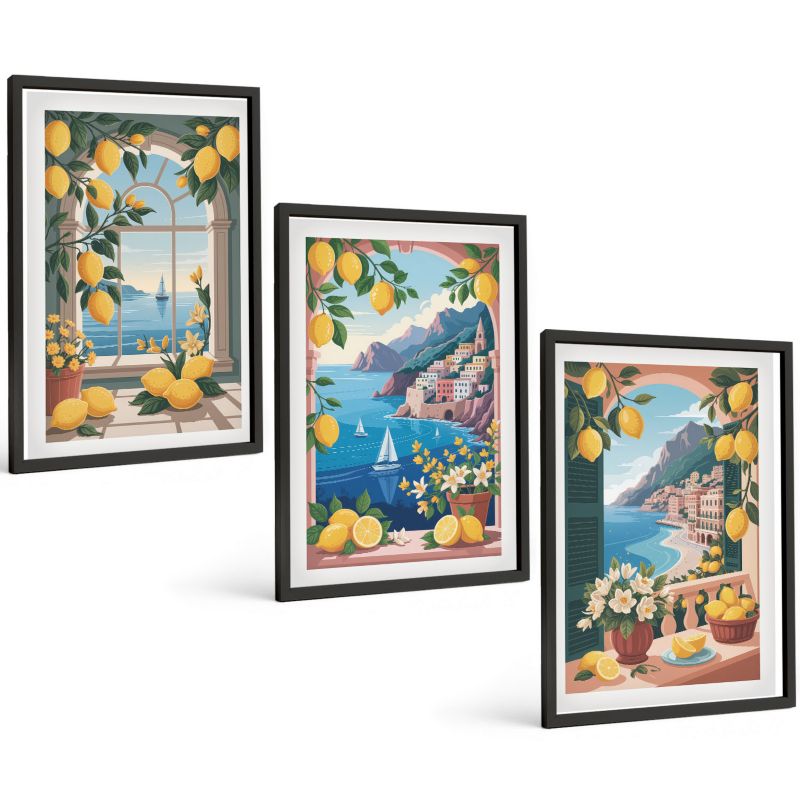 Galeria 3 Obrazów w Czarnej Ramie ArtPrintCave 40x60 cm Komplet ścienny Morze okno włoskie cytryny 1 kpl.