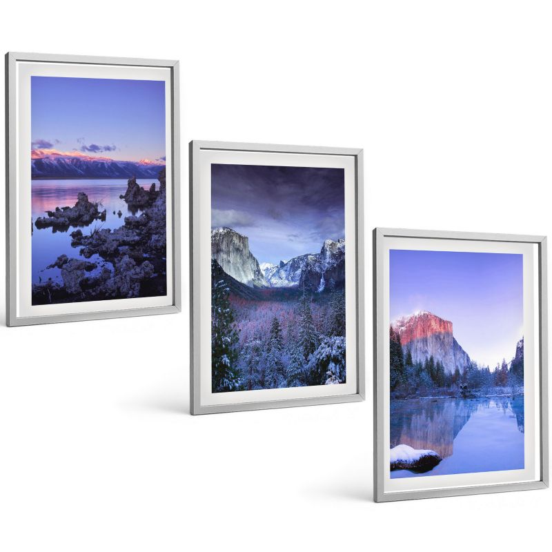Zestaw Obrazów 3 Częściowy ArtPrintCave Srebrne Ramki 40x60 cm Dekoracja do Sypialni Górskie pejzaże zmierzch woda 1 kpl.