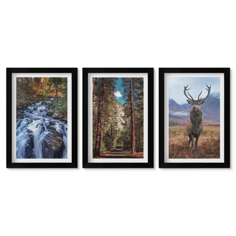 Komplet obrazów czarna rama Tulup 20x30 cm Wodospad las góry jeleń natura Tryptyk 1 kpl