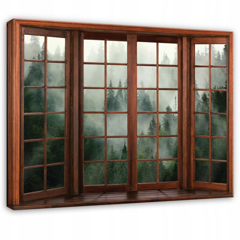 Obraz WALLARENA Do Sypialni Salonu Na Płótnie Okno 3D Natura Las we mgle Zielony 100x70 cm PP14206O1 1 szt.