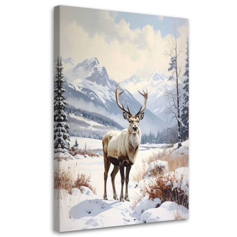 Obraz na płótnie Feeby Renifer zima śnieg pejzaż górski, pionowy, design do gabinetu, wzór 60282, 80x120 cm, 1 szt.