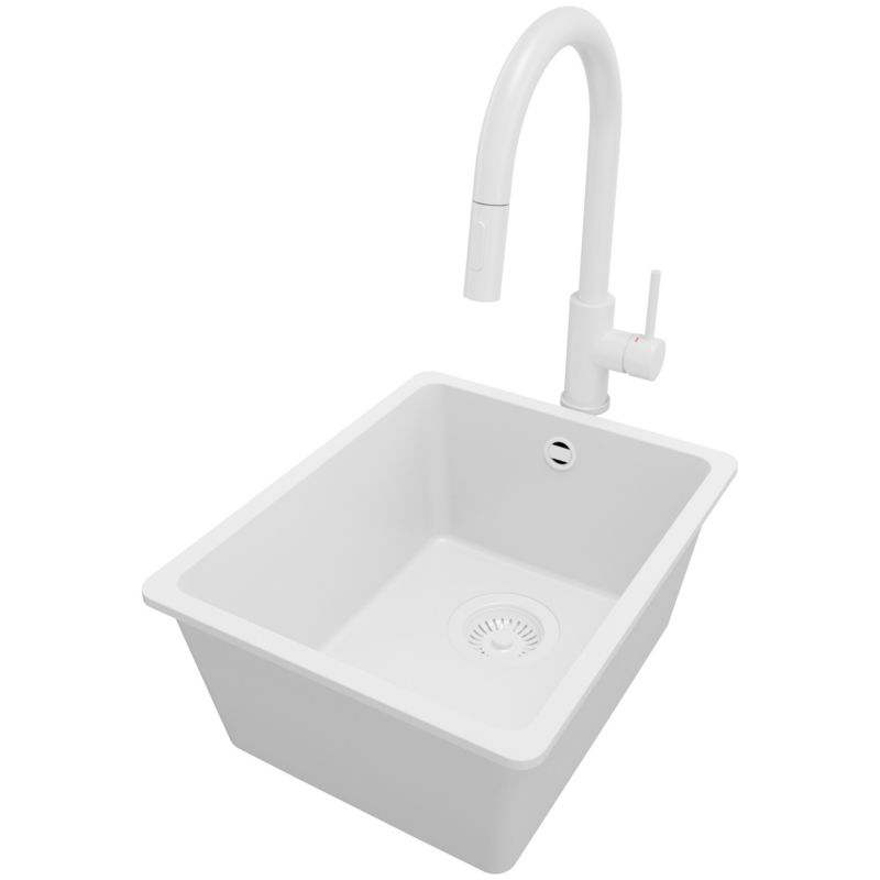 Zlewozmywak Granitowy Wenecja Easy Slim PRIMAGRAN Nablatowy 36x44cm do Szafki od 40cm, Cały Biały + Bateria + Syfon, S018, 1 szt.