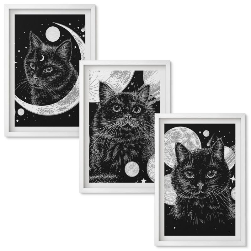 Obrazy do Salonu Wallfluent Czarne koty księżyc kosmos Biała rama 40x60 cm 3 szt.