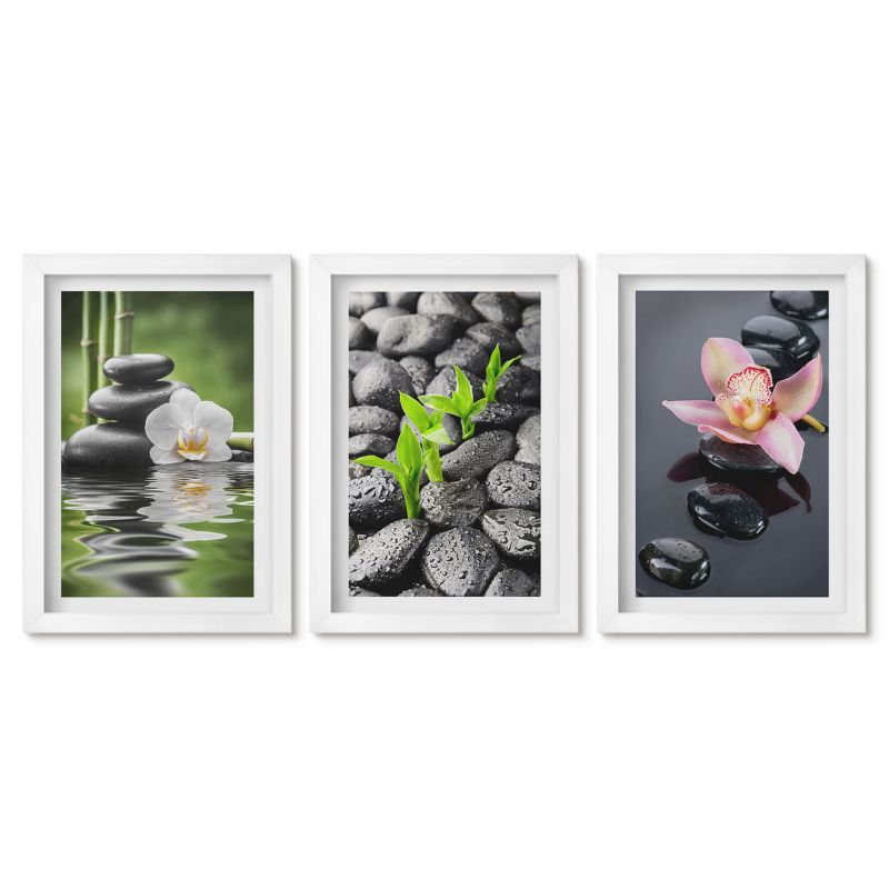 Trzy obrazy w białej ramie zestaw Tulup 20x30 cm Spokojna kompozycja zen kwiaty woda Galeria ścienna 1 kpl