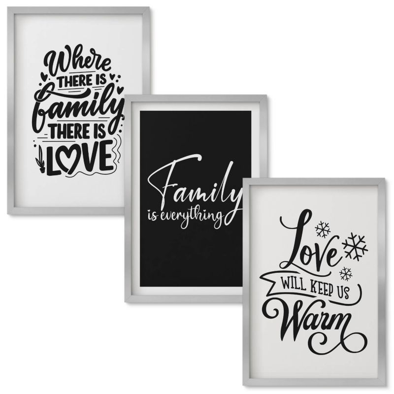 Set Obrazów w Ramie Wallfluent Rodzina miłość ciepło dom Srebrna rama 40x60 cm 3 szt.