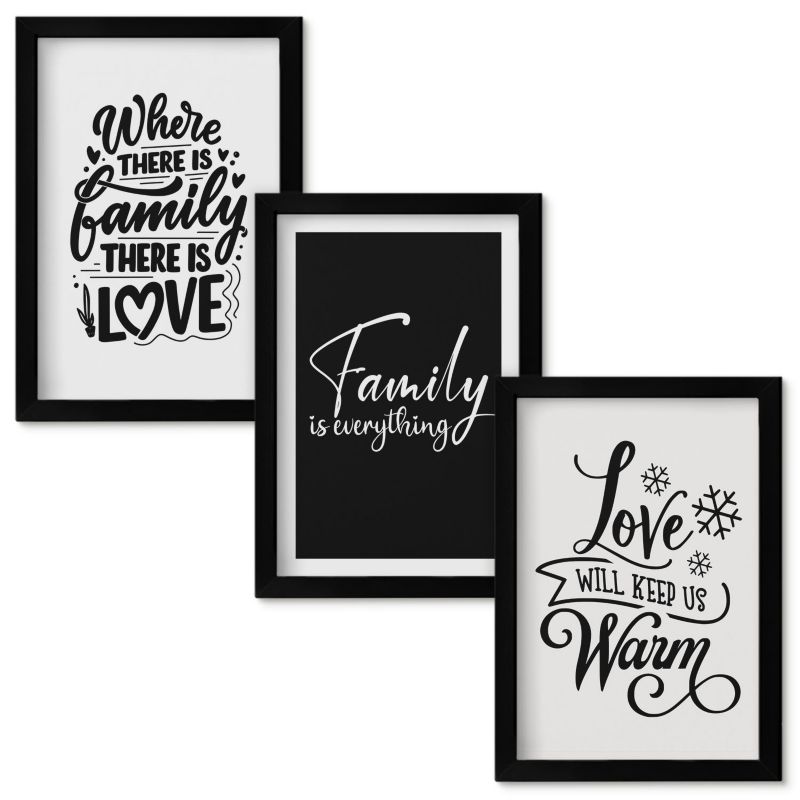 Set Obrazów w Ramie Wallfluent Rodzina miłość ciepło dom Czarna rama 20x30cm 3 szt.