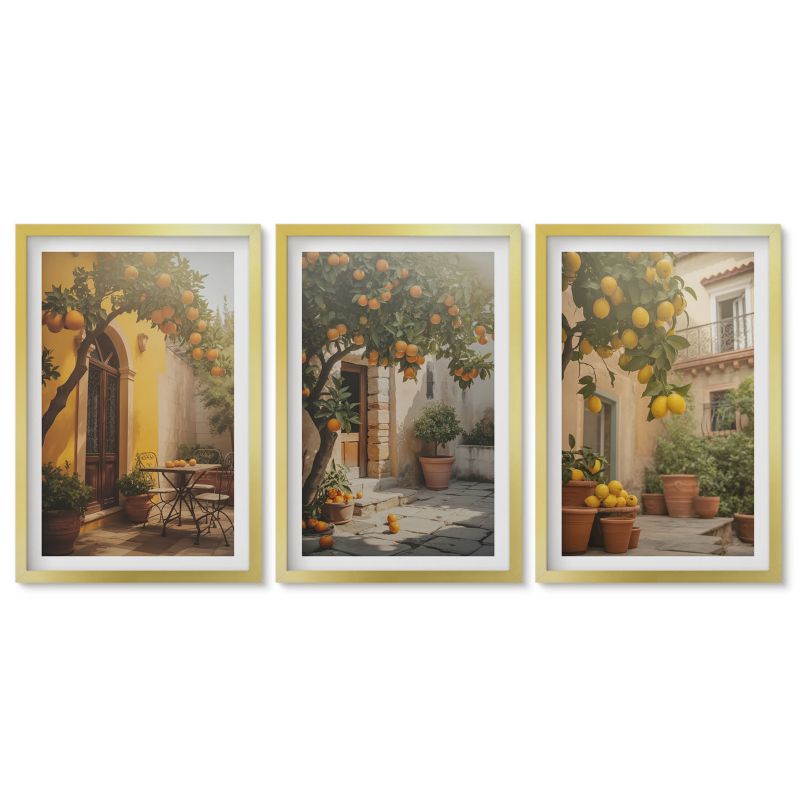 Trzy obrazy w złotej ramie zestaw Tulup 40x60 cm Słoneczne patio cytrusy doniczki Tryptyk 1 kpl