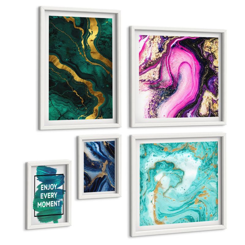 Galeria 5 Obrazów ArtPrintCave (2x50x50+2x20x30+40x60cm) Biała rama Abstrakcyjne wzory róż zieleń niebieski 1 kpl.