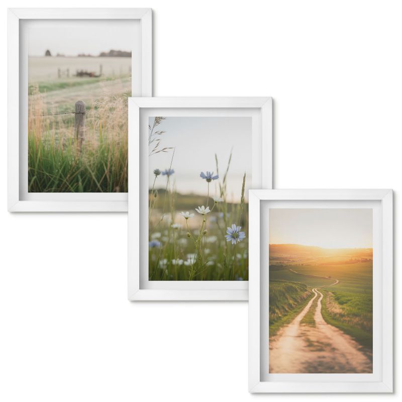 Zestaw obrazów Wallfluent Krajobrazy natury pola ścieżka Biała rama 20x30cm 3 szt.