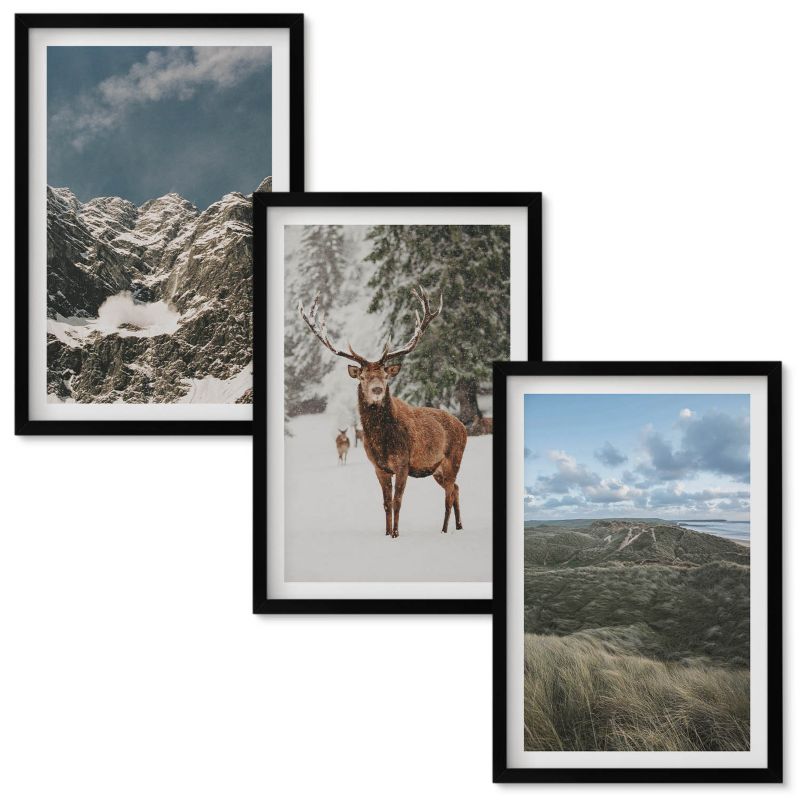 Obrazy Do Sypialni Wallfluent Góry śnieg jeleń las krajobraz Czarna rama 40x60 cm 3 szt.