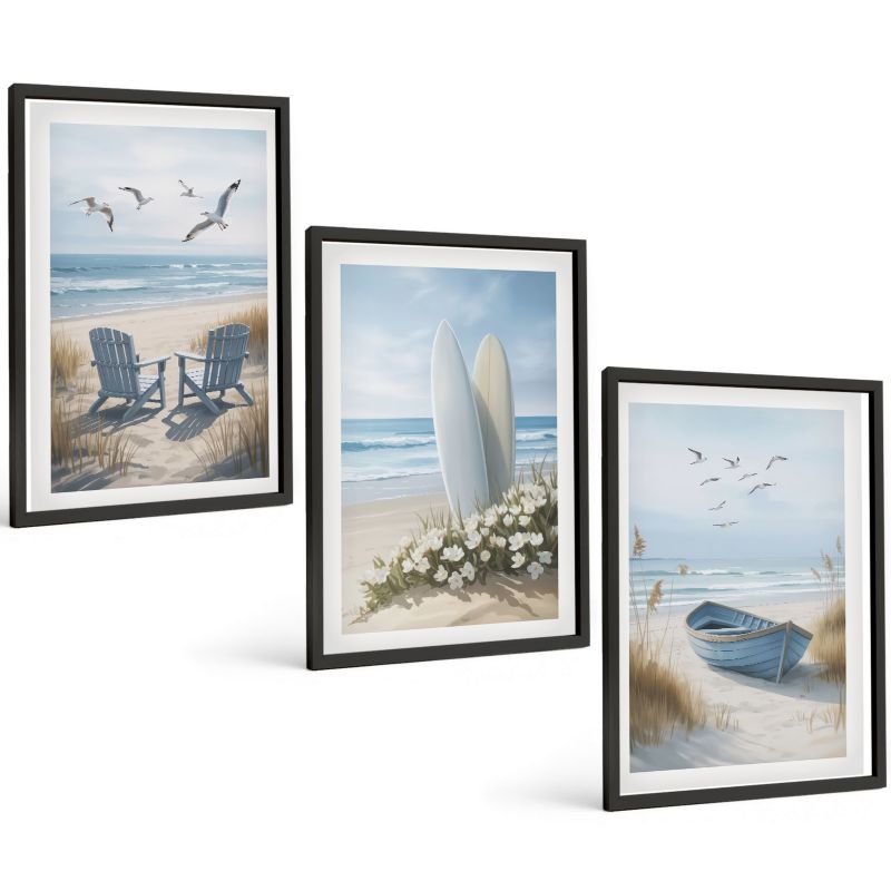 Zestaw Obrazów 3 Częściowy ArtPrintCave Czarne Ramki 40x60 cm Dekoracja do Sypialni Plaża deski surfingowe ptaki 1 kpl.