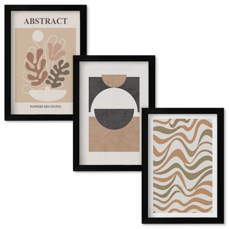 Set Obrazów w Ramie Wallfluent Abstrakcyjne kształty wzory Czarna rama 20x30cm 3 szt.