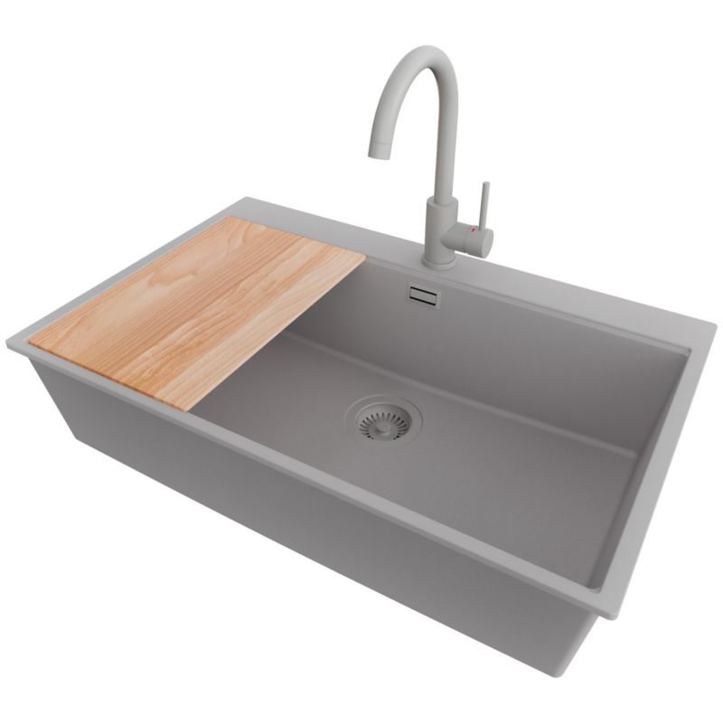 Zlewozmywak Granitowy Oslo Top PRIMAGRAN Nablatowy 78x50cm do Szafki od 80cm, Cały Szary + Bateria + Syfon + Deska, S610, 1 szt.