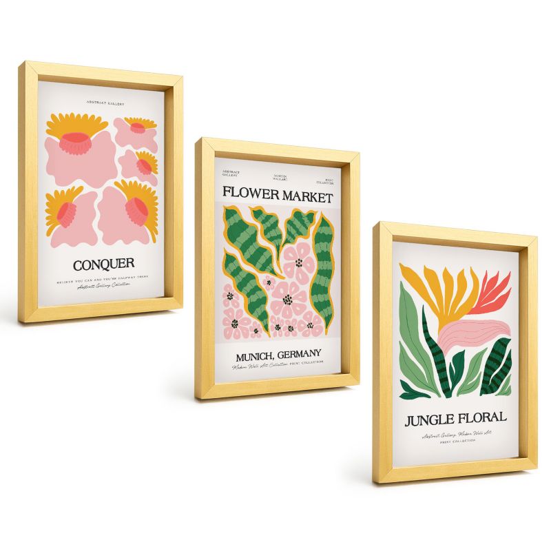 Trzyczęściowy Zestaw Obrazów ArtPrintCave 20x30 cm Złota rama Kwiaty liście nowoczesne postery 1 kpl.