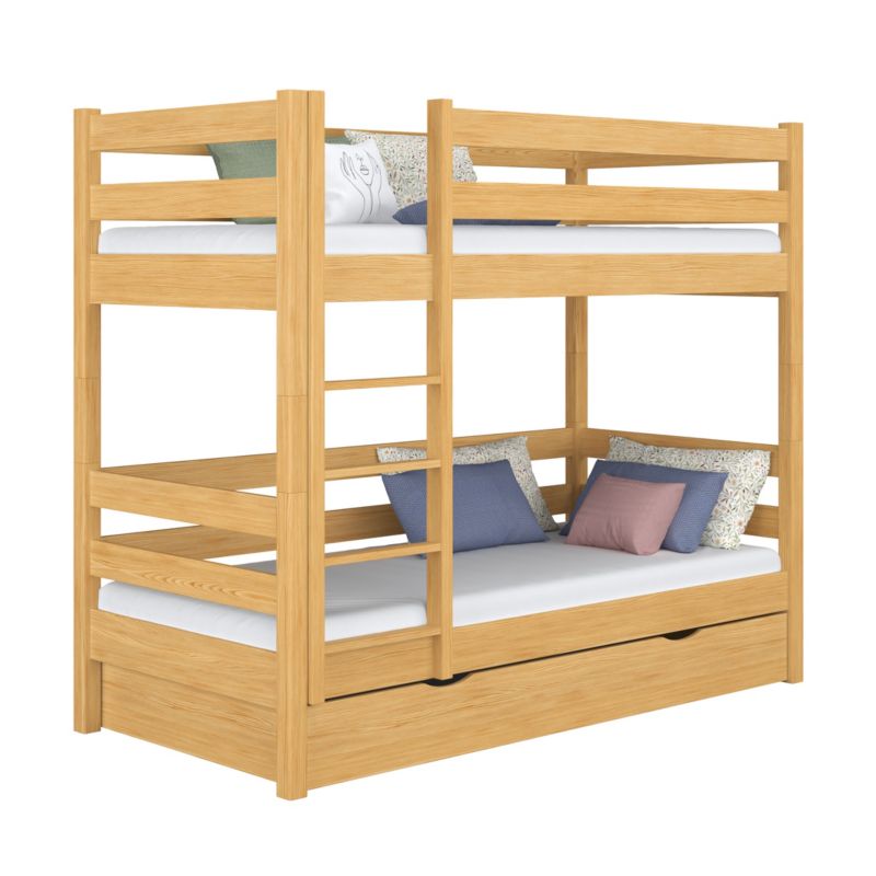 Drewniane łóżko N-WOOD piętrowe z szufladą N01 sosna naturalna 90x180 1szt.