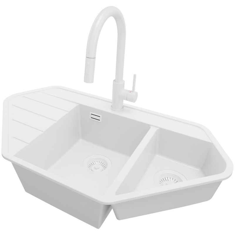 Zlewozmywak Granitowy Kopenhaga PRIMAGRAN Nablatowy 90x50cm do Szafki od 70cm, Cały Biały + Bateria 40x20cm + Syfon, S018, 1 szt.
