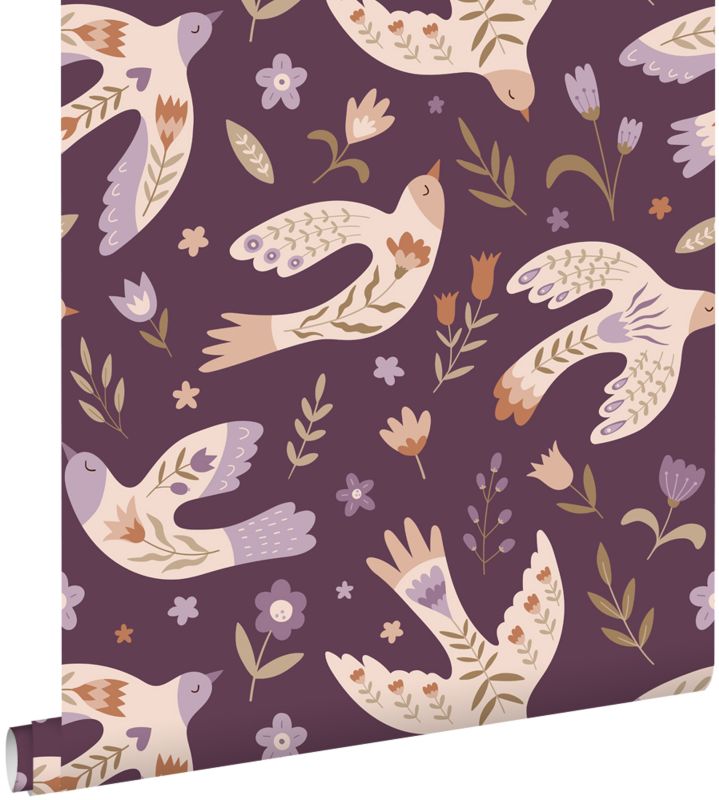 Tapeta ESTAhome kwiaty i ptaki fioletowym 50 x 900 cm - 1 rol.