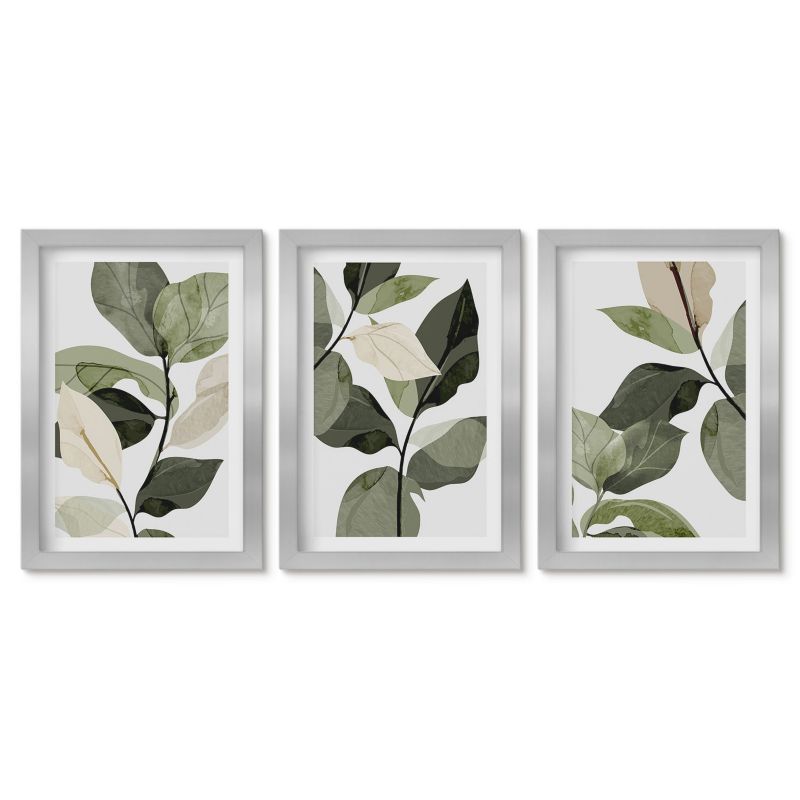 Trzy obrazy w srebrnej ramie zestaw Tulup 20x30 cm Malowane liście roślin boho Dekoracja ścienna do przedpokoju 1 kpl