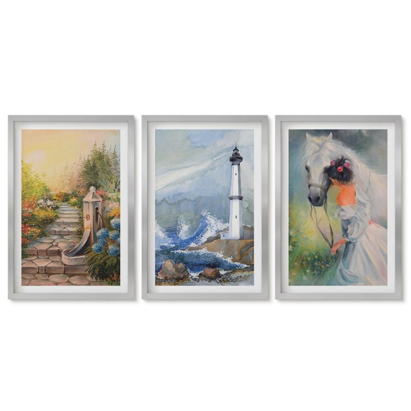 Zestaw 3 obrazów pionowych Tulup 40x60 cm Sceneria latarnia morska koń dziewczyna Obrazy w srebrnej ramie 1 kpl