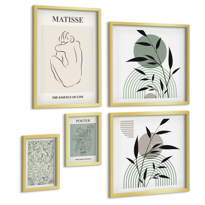 Galeria 5 Obrazów ArtPrintCave (2x50x50+2x20x30+40x60cm) Złota rama Linie roślinne wzory minimalizm 1 kpl.