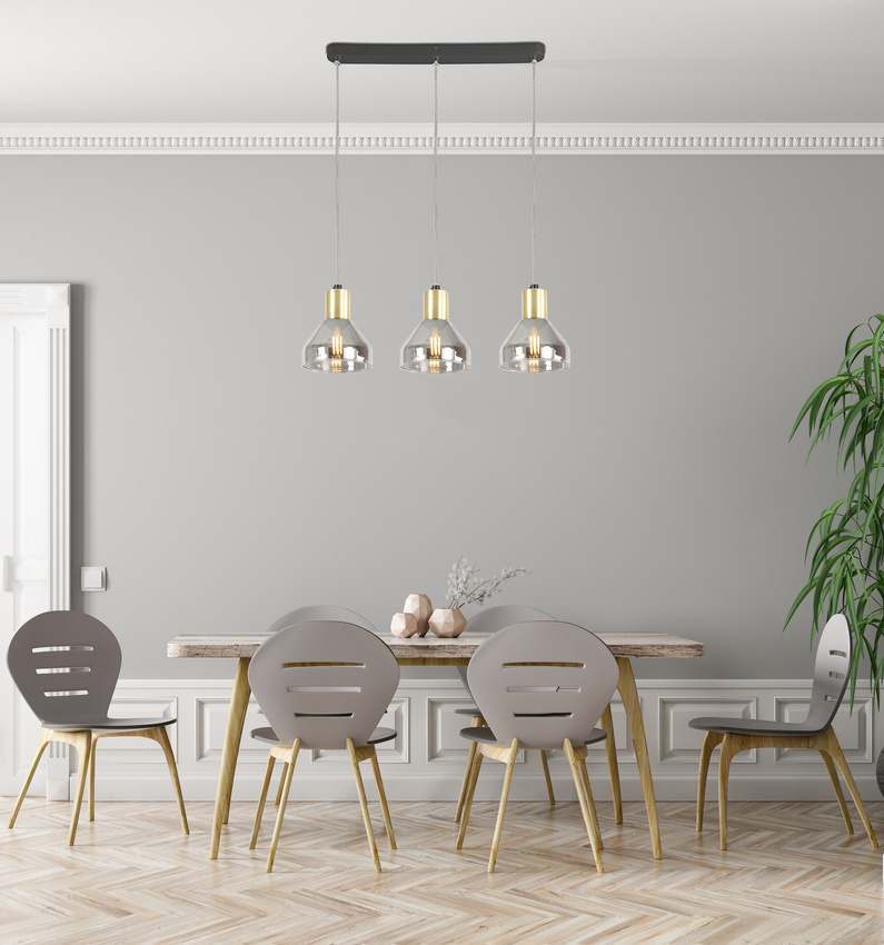 Złota lampa wisząca 3-płomienna do salonu GREGORY szkło-metal