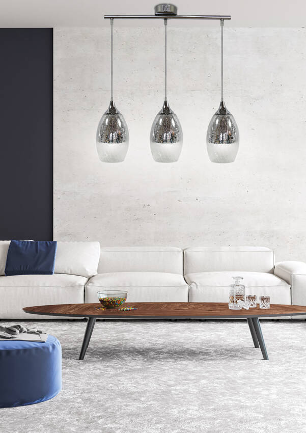 Srebrna lampa wisząca szklana regulowana 3-płomienna do salonu CELIA